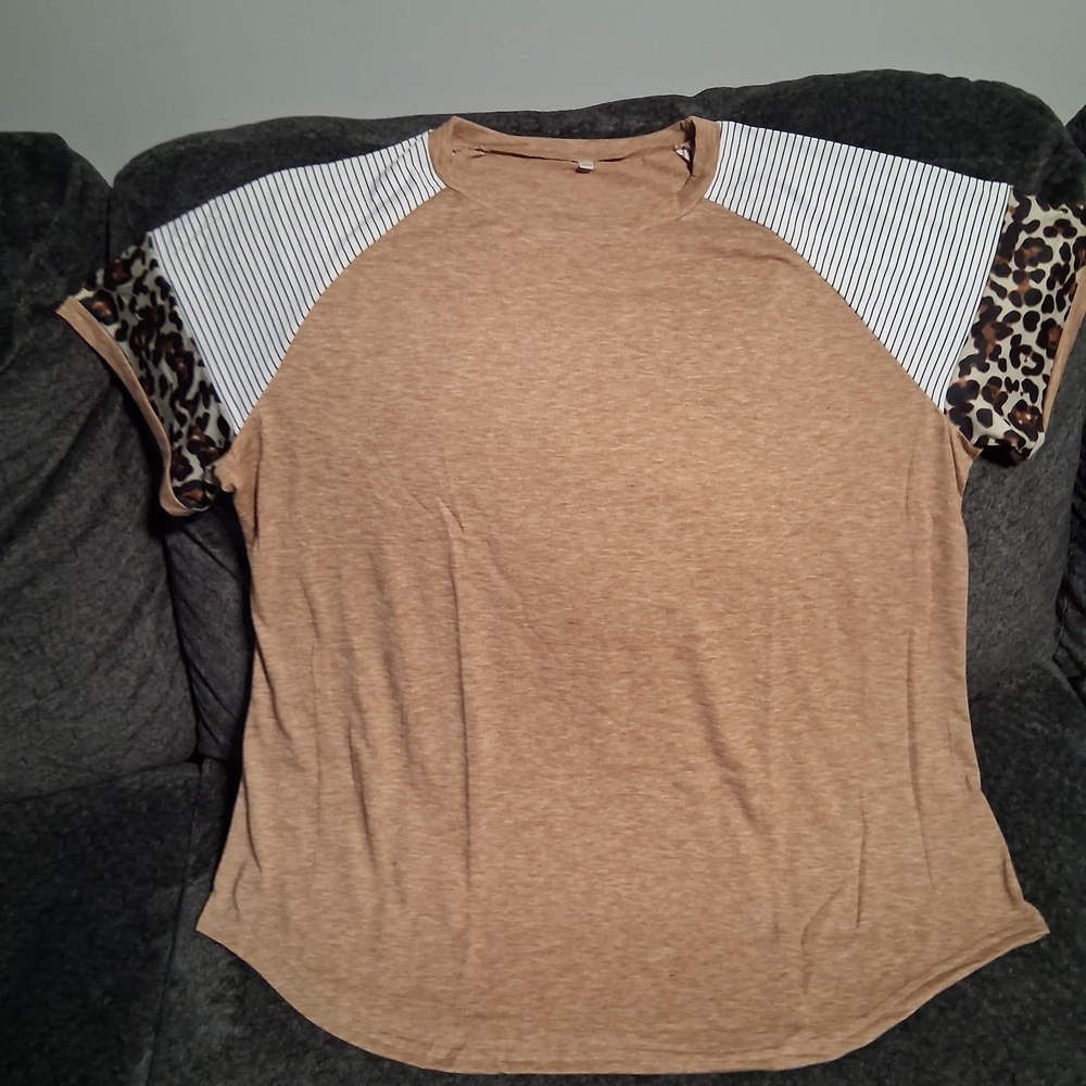 Stylish Tan Women's Top with Striped and Leopard Accents